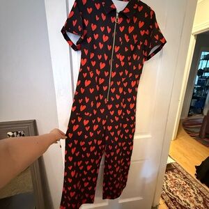 Black Jumpsuit with Red Heart Pattern